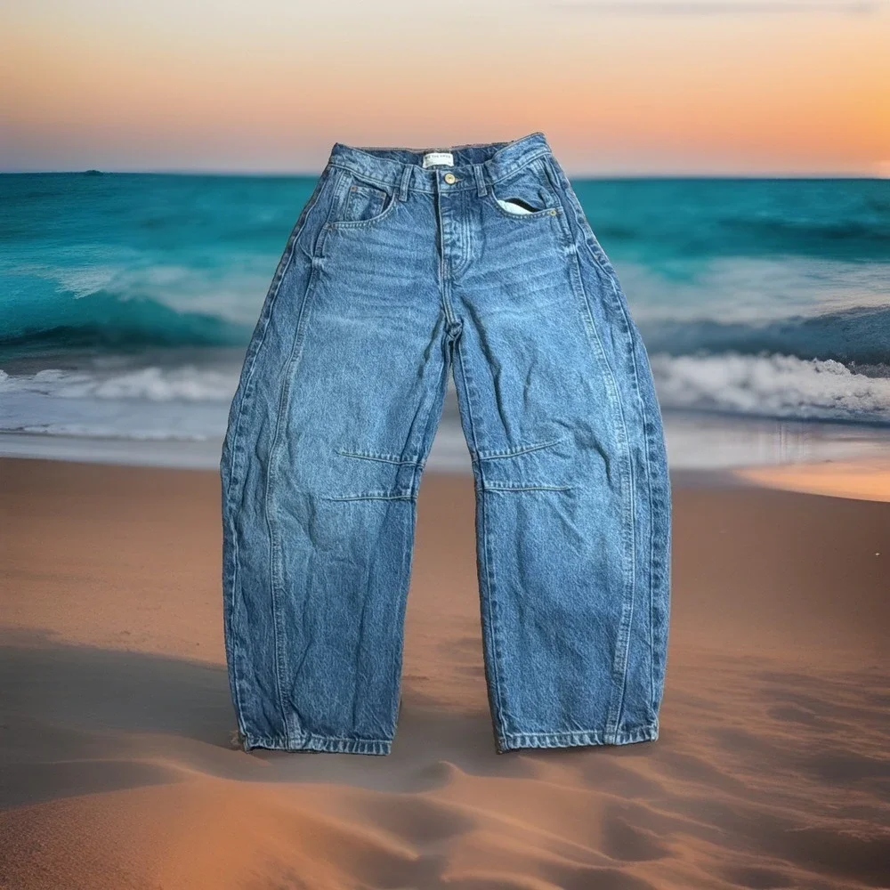 New Free People Good Luck Mid-rise Barrel Jeans Sz 25 Light Beam Jeans Distress